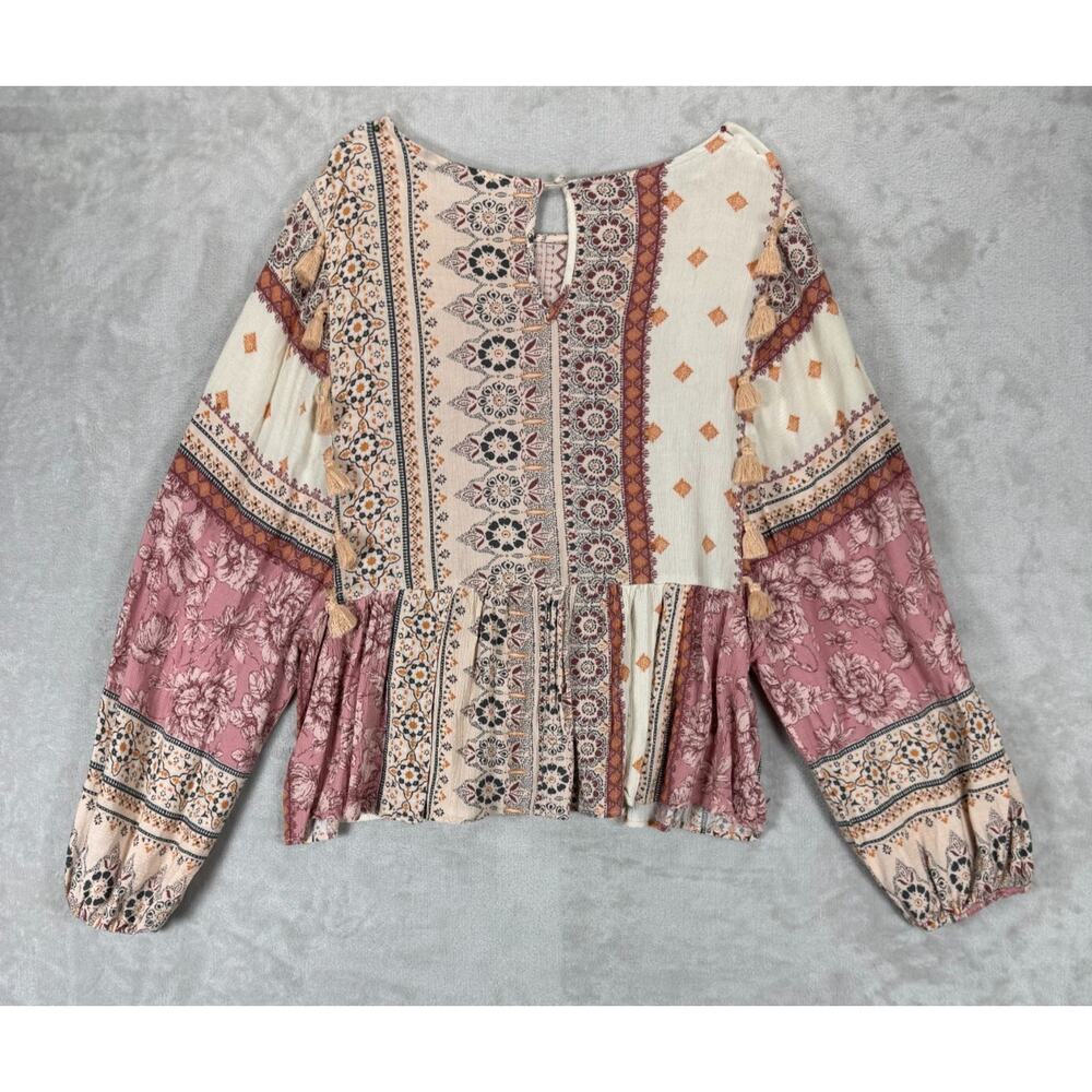 American Eagle Boho Peplum Top Small Dolman Sleeve Tassel Embroidered 100% Visco - Picture 2 of 10